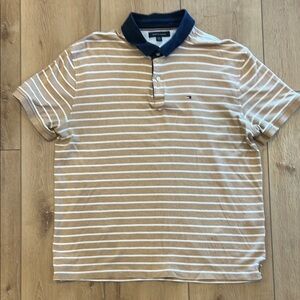 Tommy Hilfiger Men's Polo Shirt with Tan and White Stripes